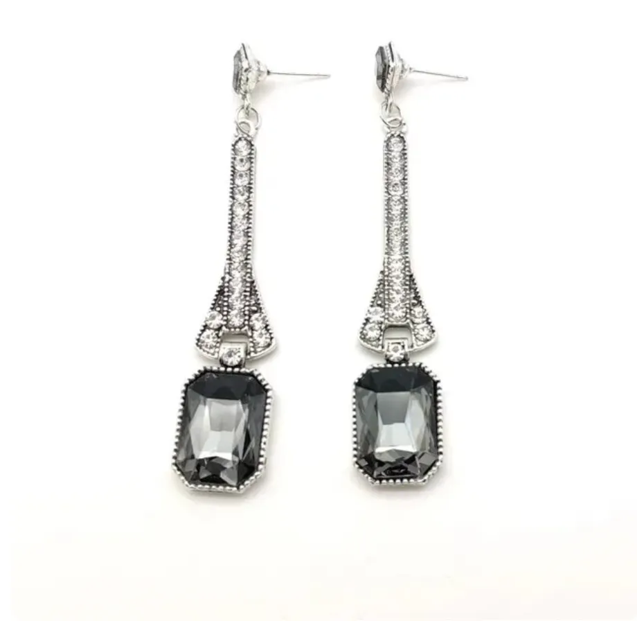 Années 20 Boucle d'oreilles Pendantes Emeraude Strass