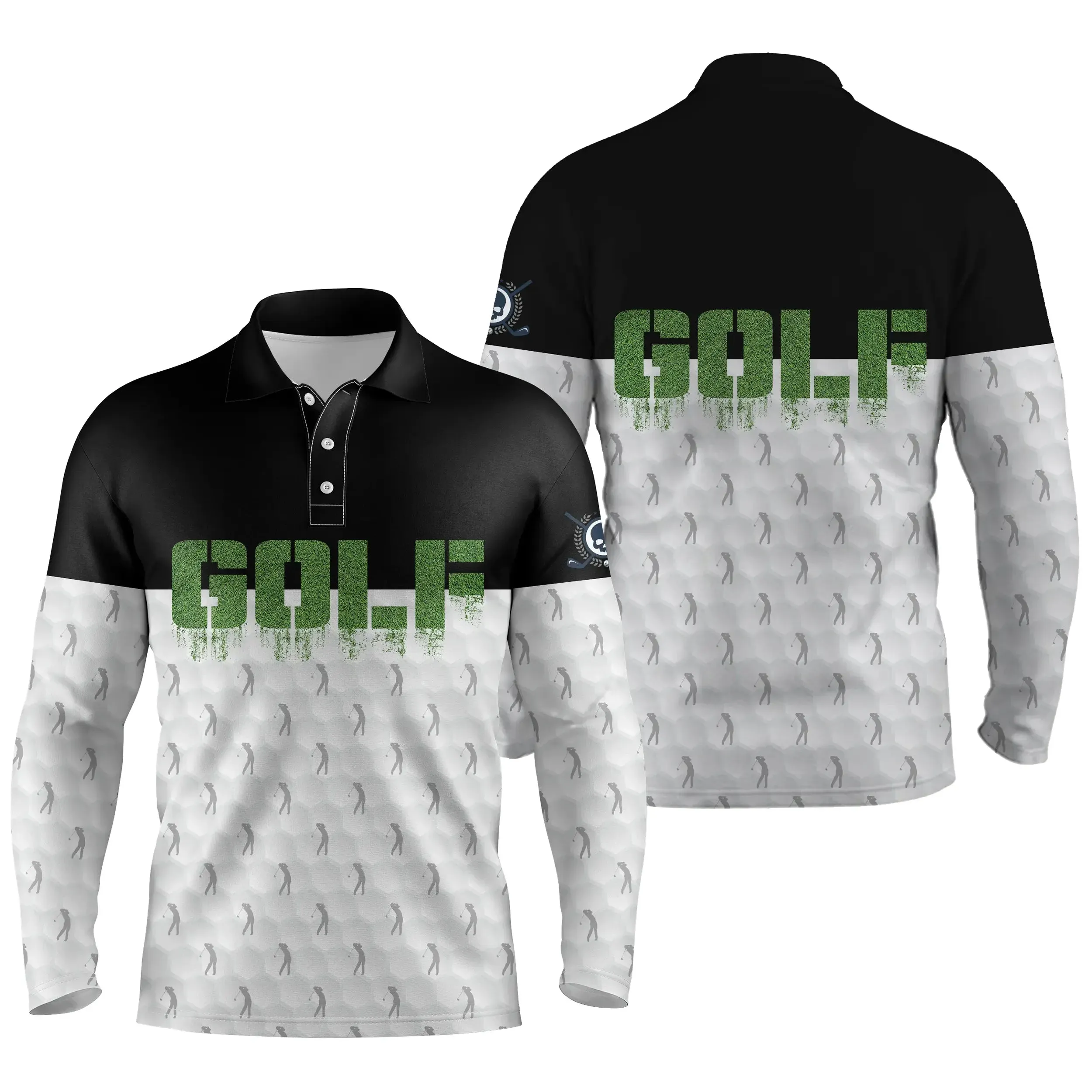 Chiptshirts Polo de Golf, Polo de Sport Manches Longues Homme Femme, Noir et Blanc, Motif Golfeur, Golfeuse, Golf - CT03062228