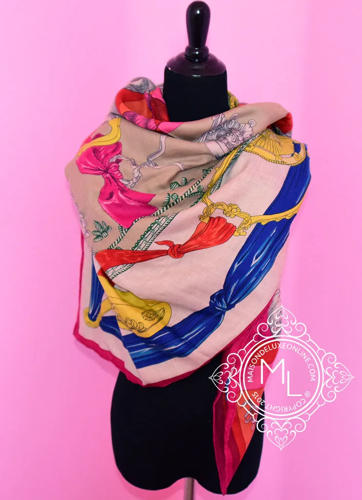 Hermes "Cavalleria d'Etriers" Fuchsia Jaune Cashmere 140 GM Shawl Scarf