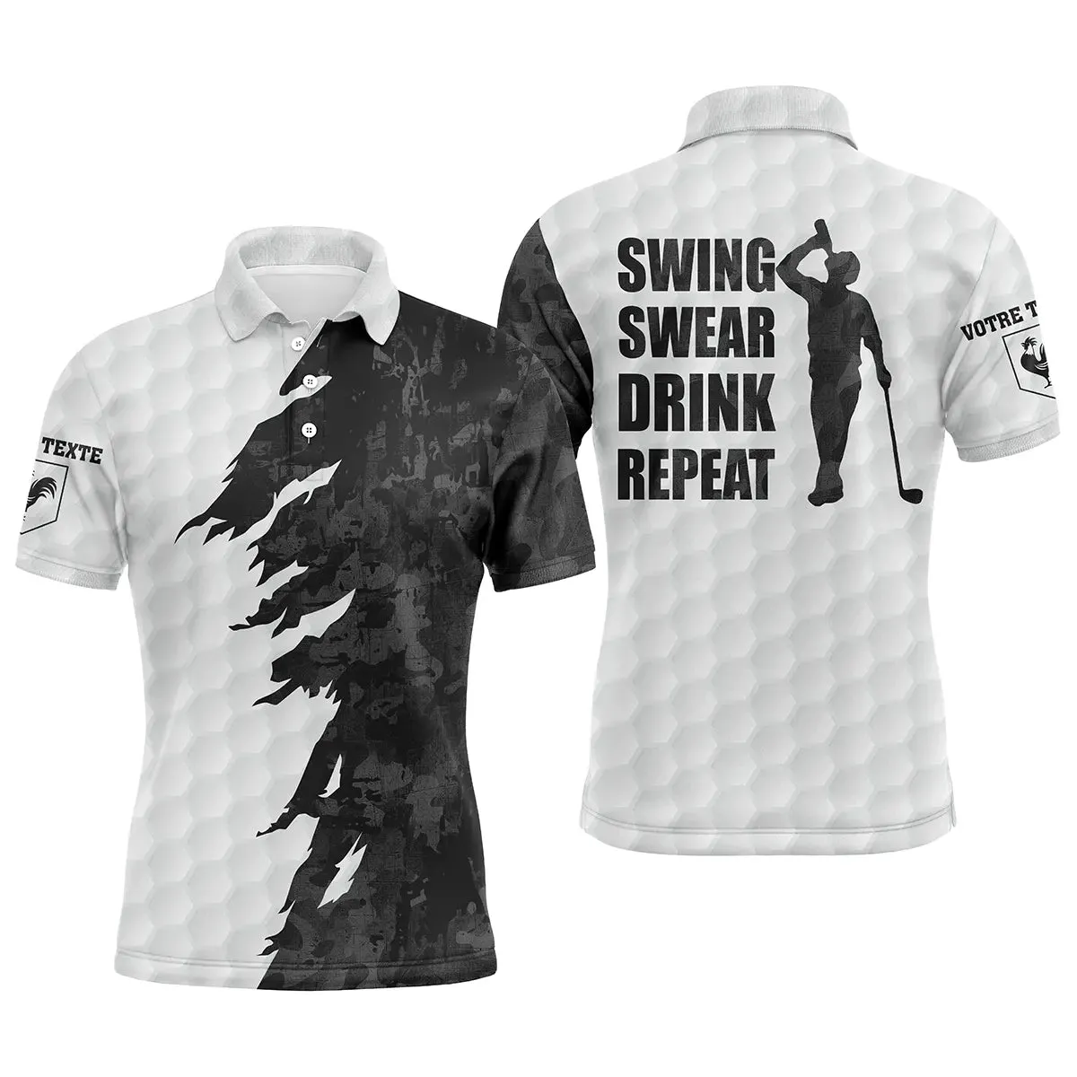 Meilleur Cadeau Personnalisé Golfeur, Polo de Sport Homme Femme, Polo à Séchage Rapide, Impression Camouflage Blanc Noir, Swing Swear Drink Repeat - CTS11052208