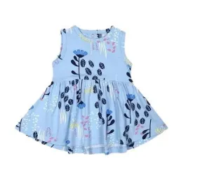 Nino Bambino 100% Organic Cotton Aqua Blue Leaves & Floral Sleeveless Frock For Baby Girls (Certified ORGANIC) - 1 Pc (18 To 24 Months)