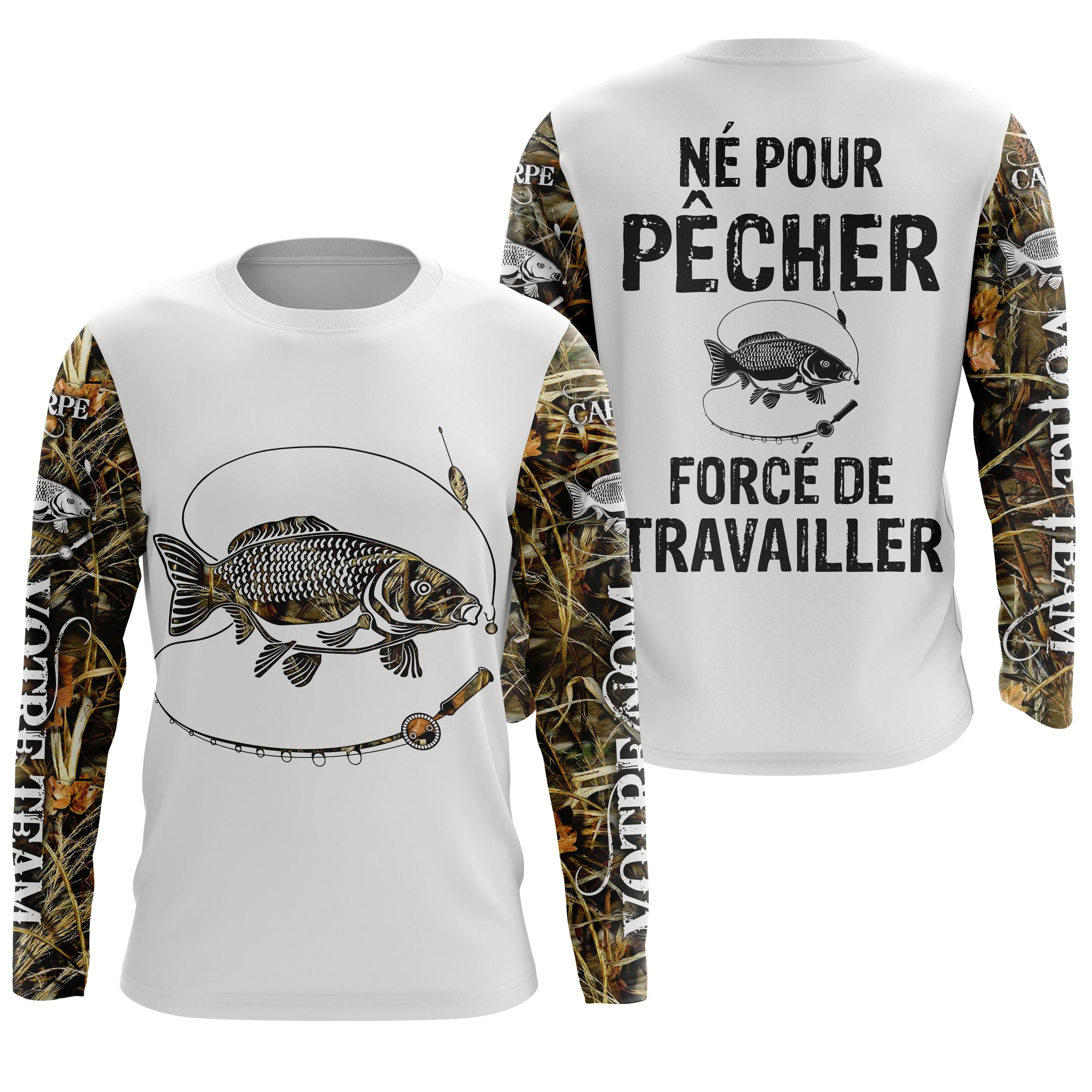 T-shirt Anti UV de Pêche 'Né Pour Pêcher' - Confort Durable et Design Pêcheur, Cadeau Idéal pour Passionnés de Carpe - CT24072024