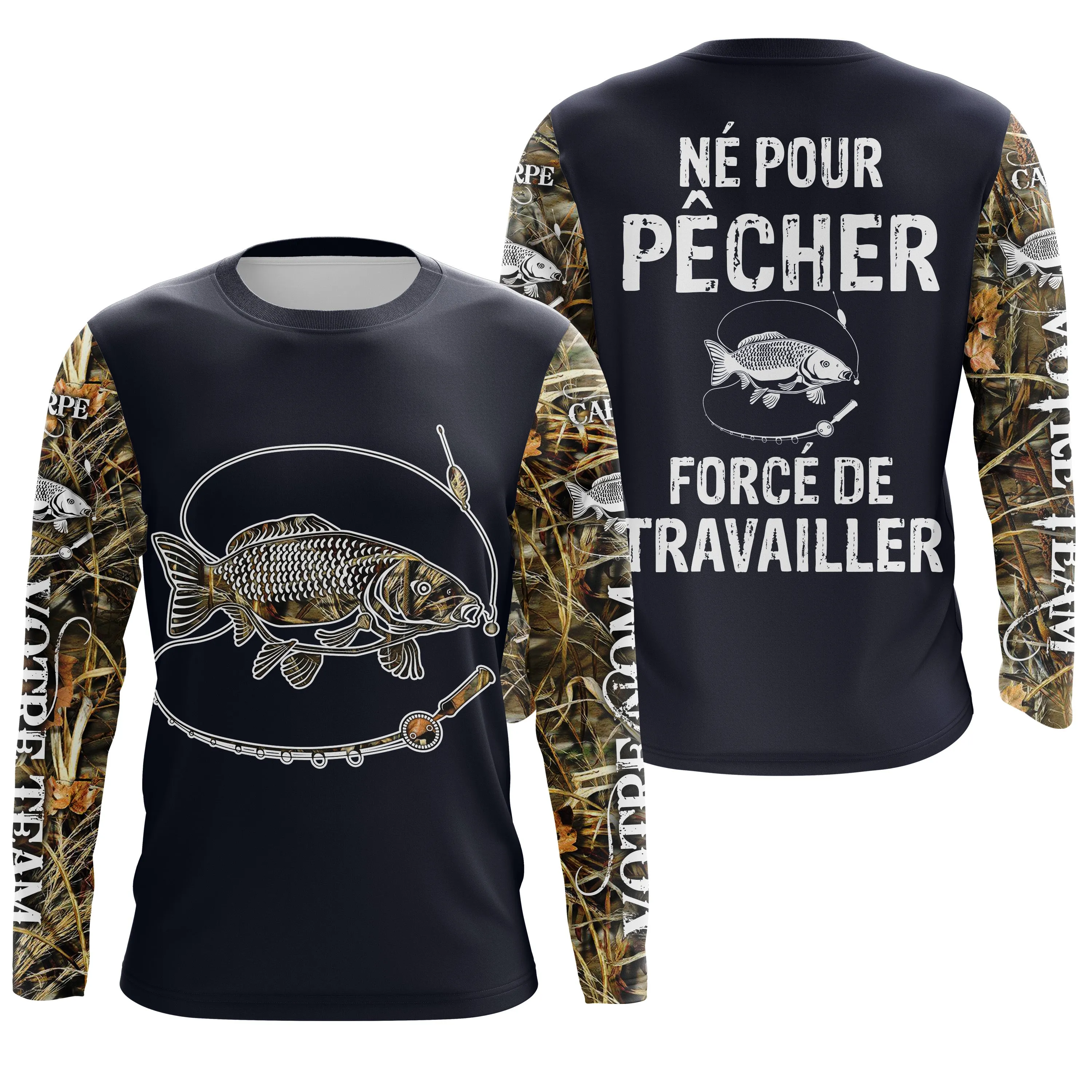 T-shirt Anti UV de Pêche 'Né Pour Pêcher' - Confort Durable et Design Pêcheur, Cadeau Idéal pour Passionnés de Carpe - CT24072024